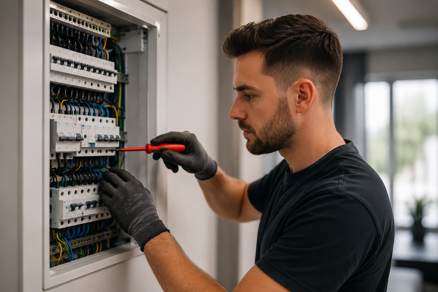 Elektriker bei sauberer Arbeit